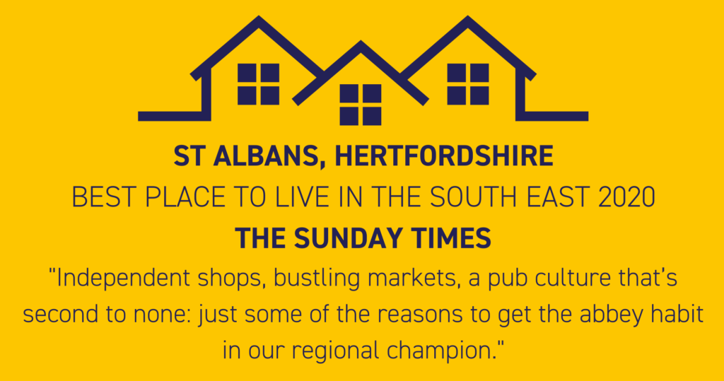 Graphic for those considering moving to Hertfordshire featuring line illustration of houses, with text explaining that Hertfordshire was voted best place to live in the South East 2020.